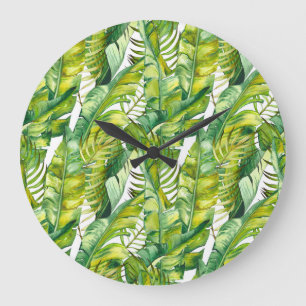 Grande Horloge Ronde Motif d'aquarelle Feuille de banane tropicale