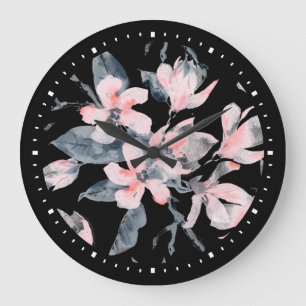 Grande Horloge Ronde Motif d'aquarelle rose et gris