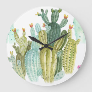 Grande Horloge Ronde Motif d'aquarelle vintage Cactus Blooming