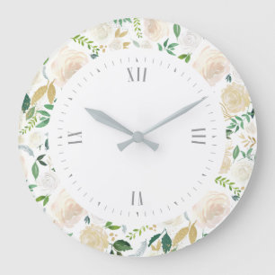 Grande Horloge Ronde Motif d'aquarelles de roses blanches