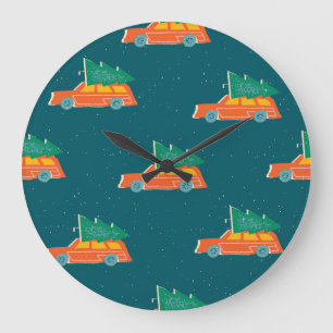 Grande Horloge Ronde Motif d'arbre de Noël de voiture rétro