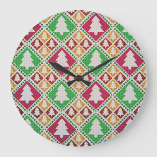 Grande Horloge Ronde Motif d'arbre de Noël vintage.