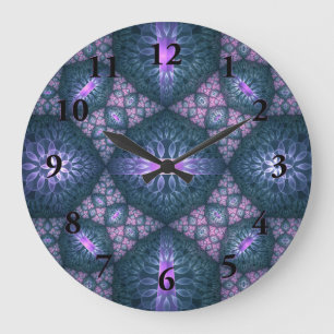 Grande Horloge Ronde motif d'art fractal 3D Turquoise violet rose