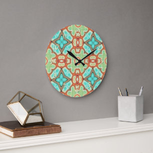 Grande Horloge Ronde Motif d'art orné hip turquoise orange vert citron