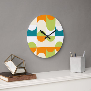 Grande Horloge Ronde Motif d'art rétro Orange Sarcelle Bleu Vert Citron