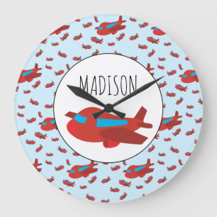 Grande Horloge Ronde Motif d'avion rouge et bleu avec nom personnalisé