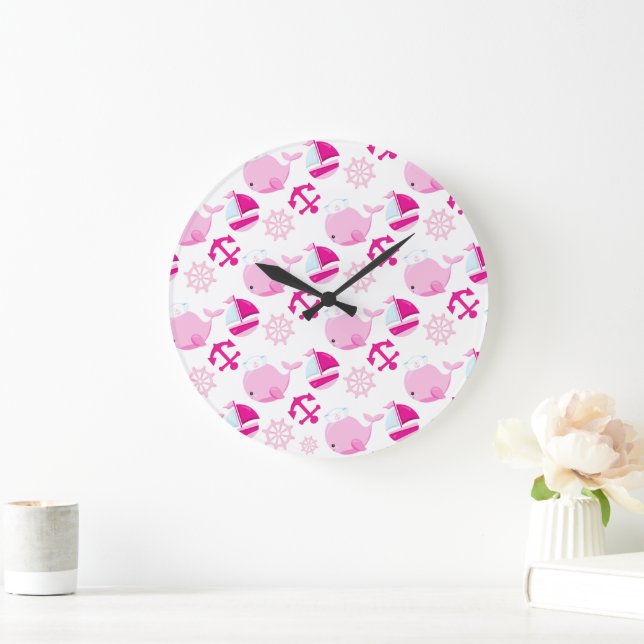 Grande Horloge Ronde Motif De Baleines, Beaux Baleines, Baleines Roses (Maison)
