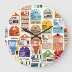 Grande Horloge Ronde Motif de billets de voyage vintage. étiquette de b