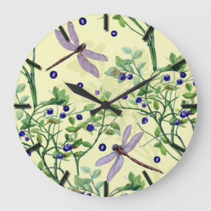 Grande Horloge Ronde motif de bleuets aux libellules