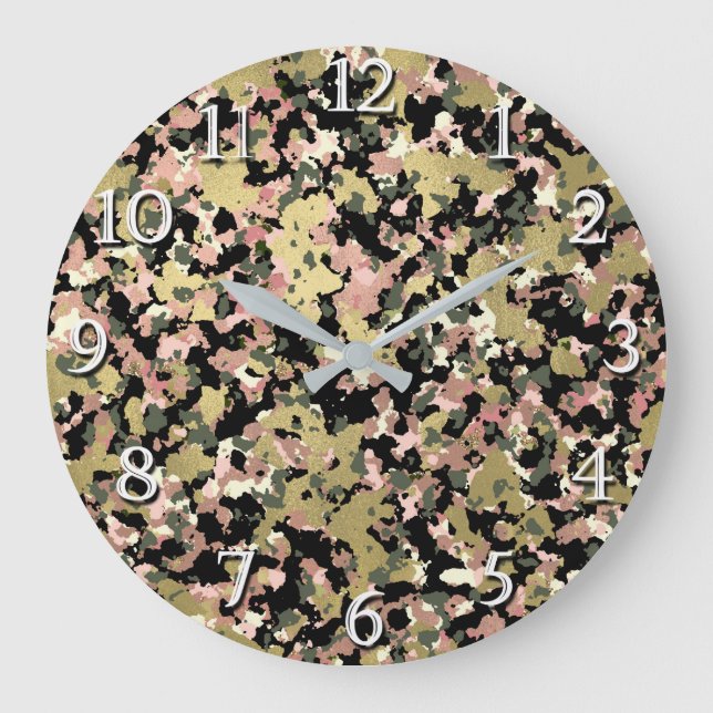 Grande Horloge Ronde Motif de camouflage noir rose or (Recto)