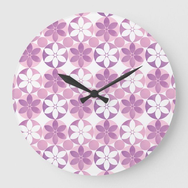 Grande Horloge Ronde Motif de carreaux d'aquarelle violet géométrique (Recto)