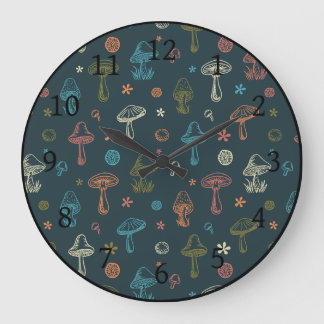 Grande Horloge Ronde Motif de champignons Whimsical