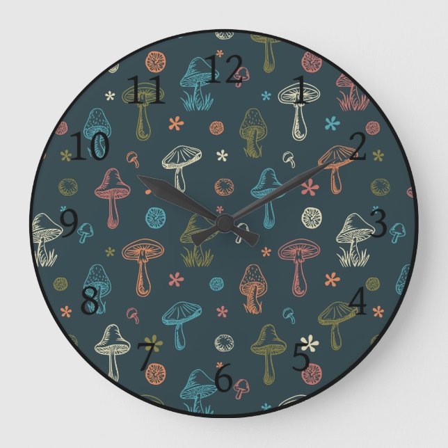 Grande Horloge Ronde Motif de champignons Whimsical (Recto)