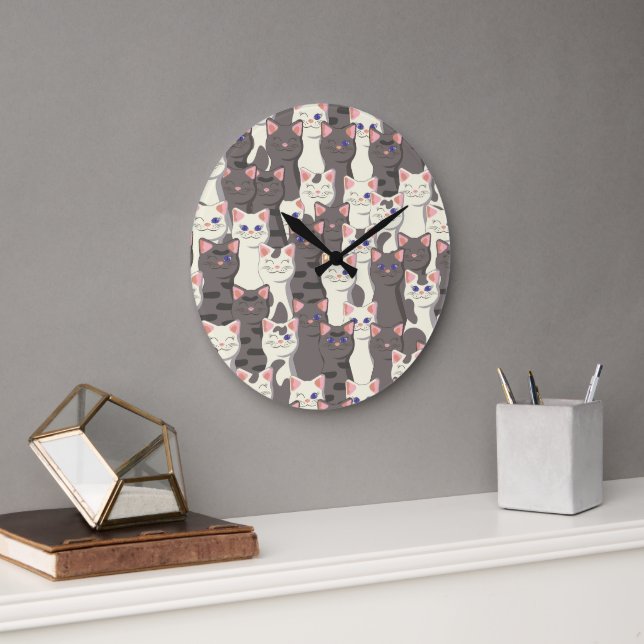 Grande Horloge Ronde Motif de chats blancs et gris (Bureau)