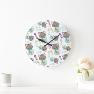 Grande Horloge Ronde Motif De Chats, Chats Mignons, Chatons, Poisson