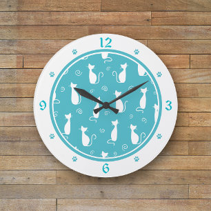 Grande Horloge Ronde Motif de chats turquoises et blancs