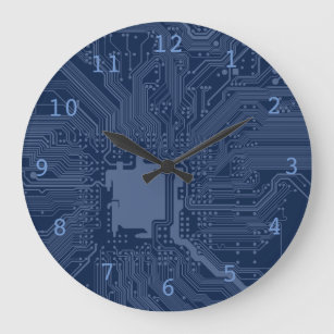 Grande Horloge Ronde Motif de circuit Geek bleu
