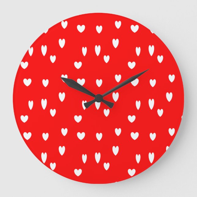 Grande Horloge Ronde Motif de coeur blanc sur rouge (Recto)