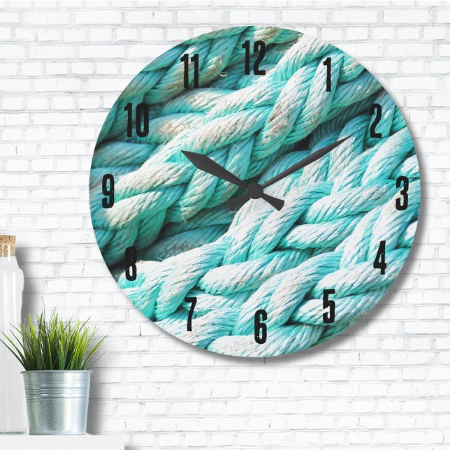 Grande Horloge Ronde Motif de corde bleue marine côtière (Distressed Blue Rope Nautical Beach House Print Large Clock )