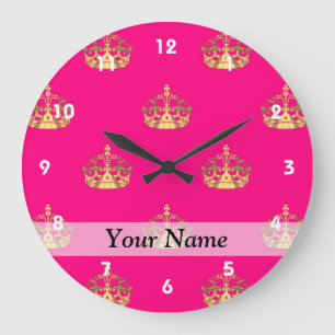Grande Horloge Ronde Motif de couronne rose et or