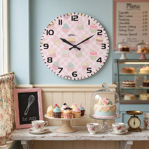 Grande Horloge Ronde Motif de cupcakes mignons en gingham rose pastel