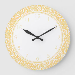 Grande Horloge Ronde Motif de Damas Floral Jaune