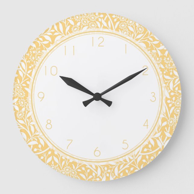 Grande Horloge Ronde Motif de Damas Floral Jaune (Recto)
