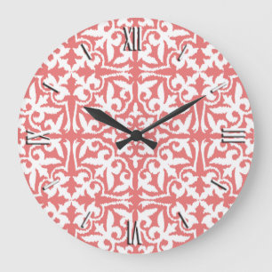 Grande Horloge Ronde Motif de damassé d'Ikat - rose de corail et blanc