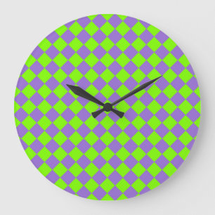 Grande Horloge Ronde Motif de diamant Purple Green Checker