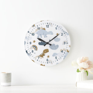 Grande Horloge Ronde Motif de dinosaure arc-en-ciel mignon