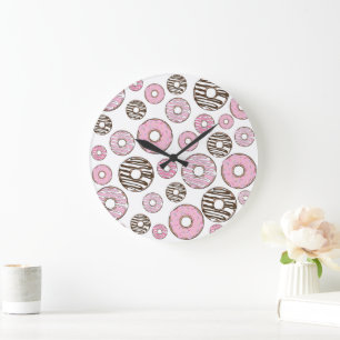 Grande Horloge Ronde Motif De Donuts, Donuts Roses, Donuts Blancs