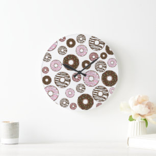 Grande Horloge Ronde Motif De Donuts, Donuts Roses, Donuts Brown