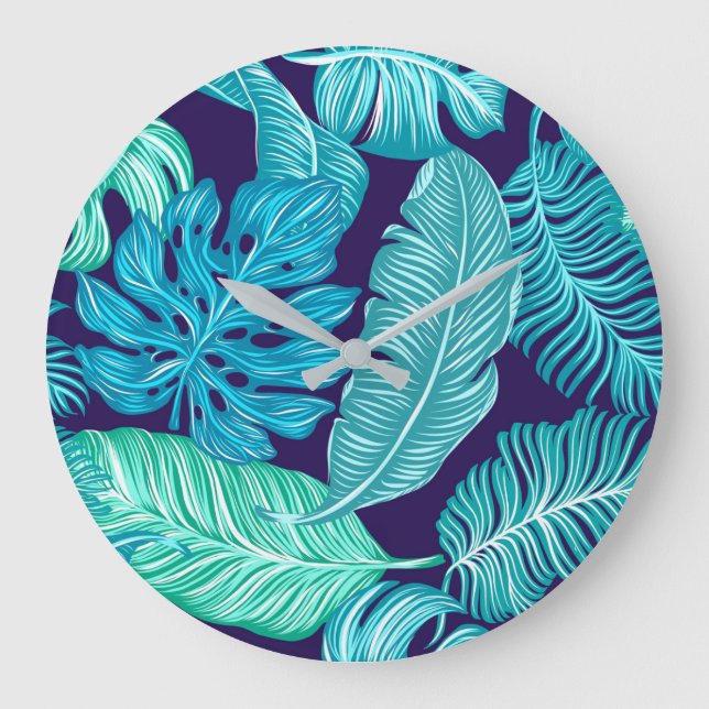 Grande Horloge Ronde Motif de feuilles bleues vertes tropicales (Recto)