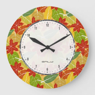 Grande Horloge Ronde Motif de feuilles d'automne colorées