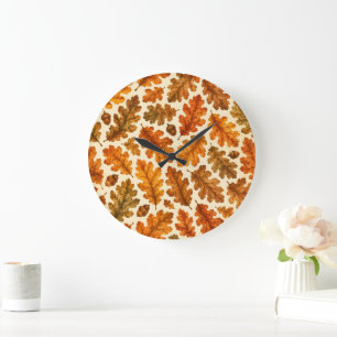 Grande Horloge Ronde Motif de feuilles de chêne d'automne   Esthétique 