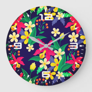 Grande Horloge Ronde Motif de feuilles de fleurs exotiques colorées-230