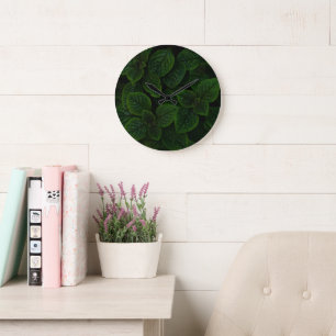 Grande Horloge Ronde Motif de feuilles texturées vert émeraude foncé