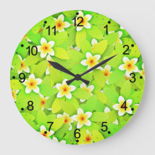Grande Horloge Ronde Motif de feuilles vertes florales fleurs jaunes-61