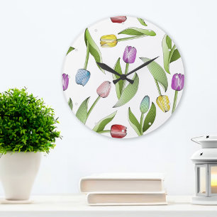 Grande Horloge Ronde Motif de fleur de tulipe coloré moderne