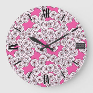 Grande Horloge Ronde Motif de fleurs Art déco - blanc sur rose
