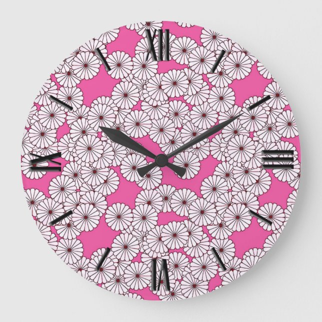 Grande Horloge Ronde Motif de fleurs Art déco - blanc sur rose (Recto)