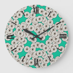 Grande Horloge Ronde Motif de fleurs Art déco - blanc sur turquoise