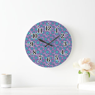 Grande Horloge Ronde Motif de fleurs bleu violet