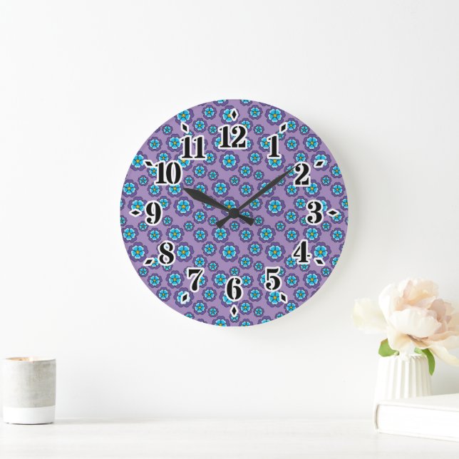 Grande Horloge Ronde Motif de fleurs bleu violet (Maison)