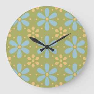 Grande Horloge Ronde Motif de fleurs bleues et jaunes Abstraites rétros
