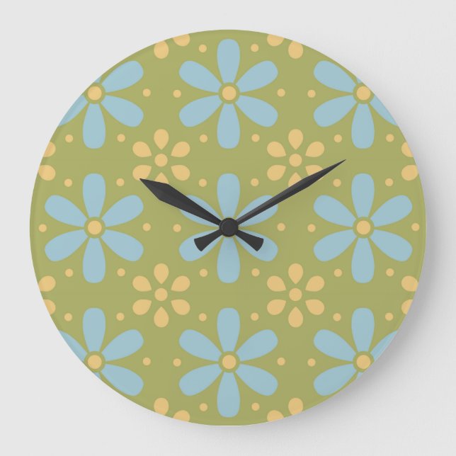 Grande Horloge Ronde Motif de fleurs bleues et jaunes Abstraites rétros (Recto)