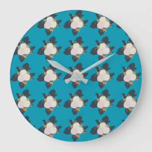 Grande Horloge Ronde Motif de fleurs colorées sur Arrière - plan bleu