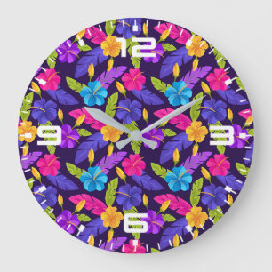 Grande Horloge Ronde Motif de fleurs Feuilles tropicales colorées