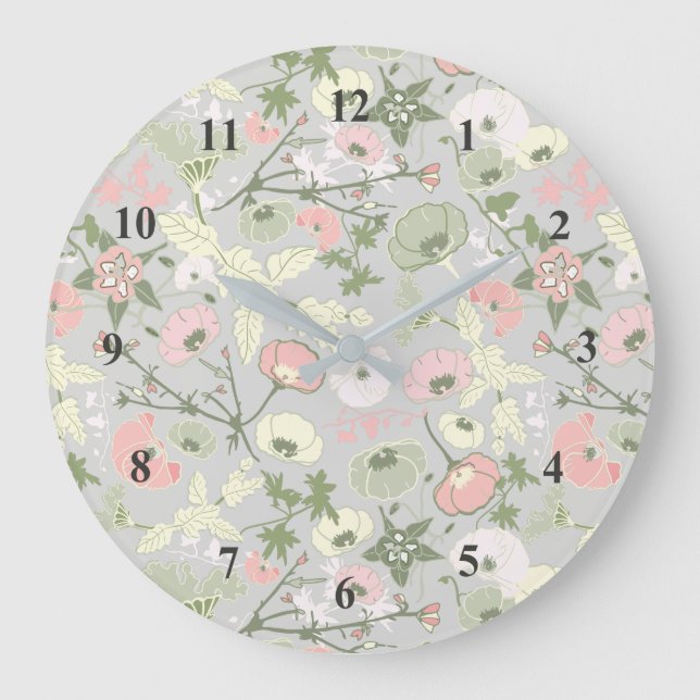 Grande Horloge Ronde Motif de fleurs rose vert gris (Recto)