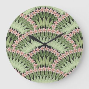 Grande Horloge Ronde Motif de fleurs tropicales peintes à la main